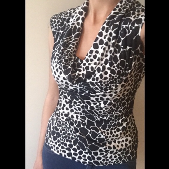 HKR Cowl Neck Black & White Animal Print Top - Picture 2 of 4